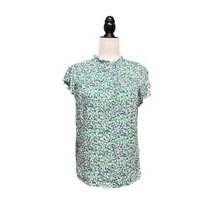 Dear John Ditsy Leopard Print Ruffle Neck Blouse Green Pink Small NEW